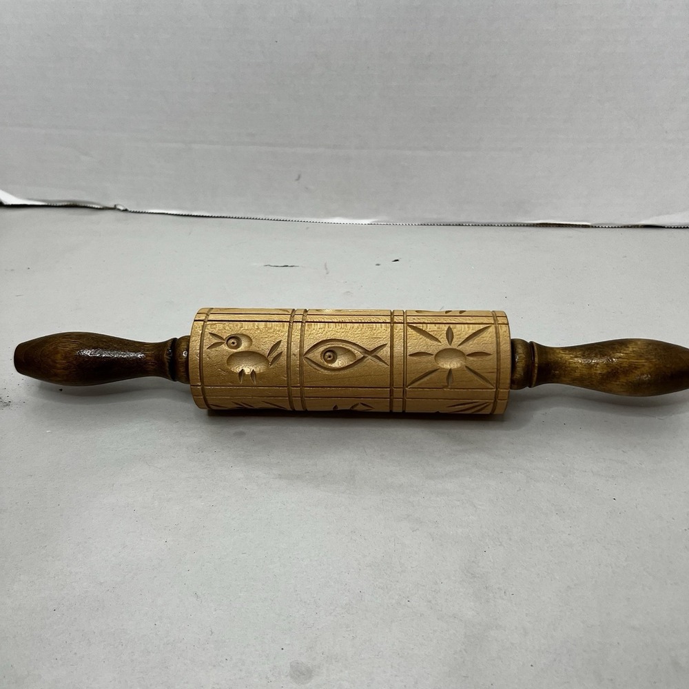 Vintage Springerle Carved Wood Rolling Pin 12" German Cookie with‎ 12 Designs